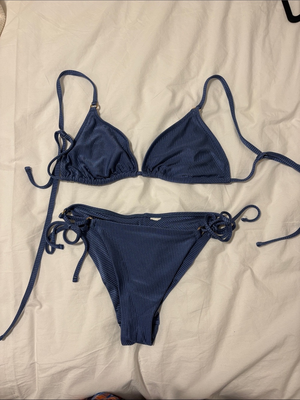 aerie Blue Ribbed Tie-Side Triangle Bikini Set